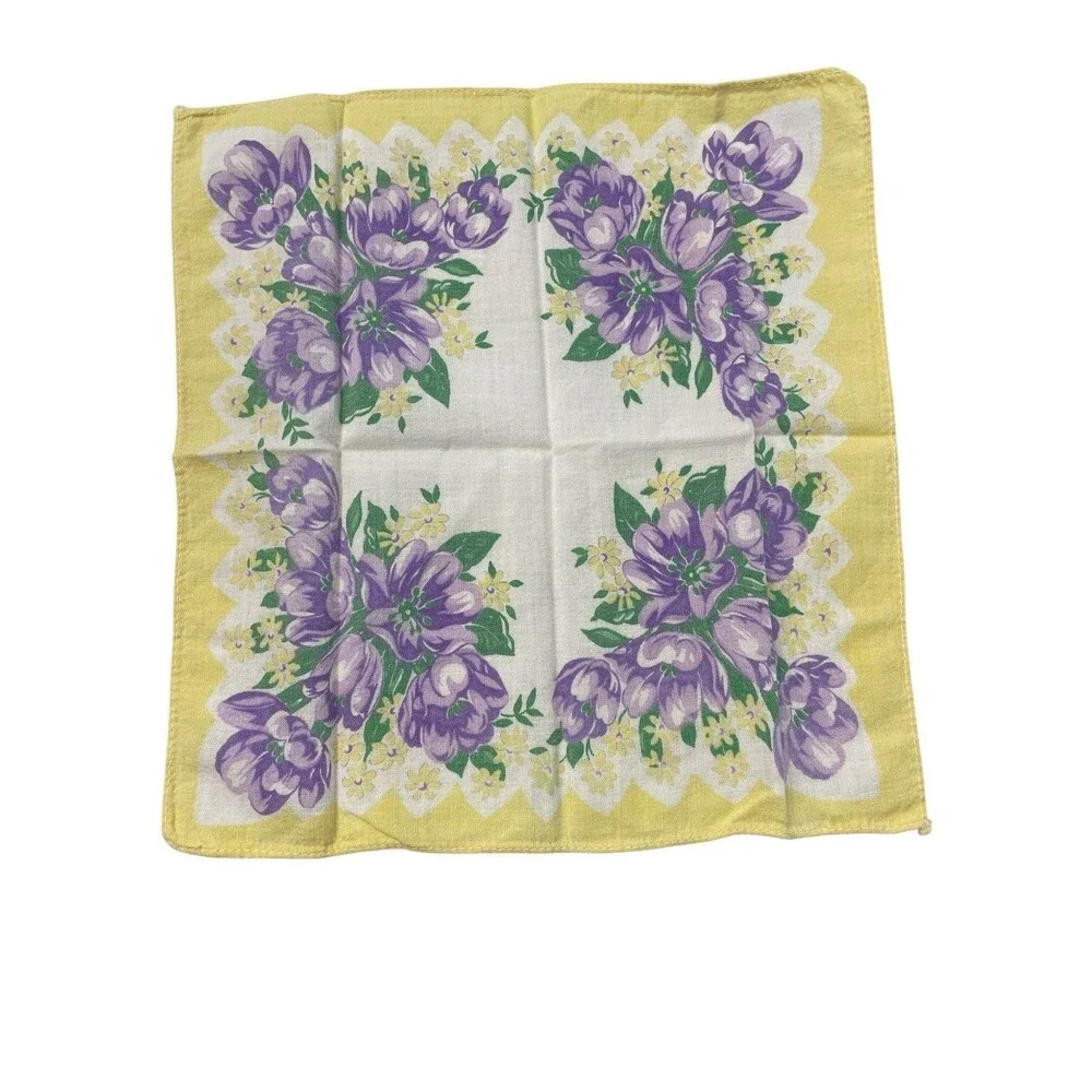 Vintage Spring Purple & Yellow Floral Cotton Handkerchief Hankie  9
